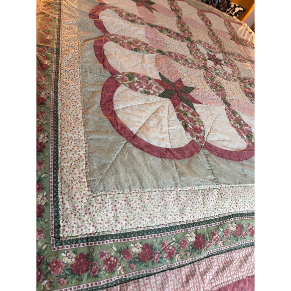Vintage Floral Wedding Ring Star Patchwork Quilt Pink Green Cottagecore queen - Picture 5 of 11